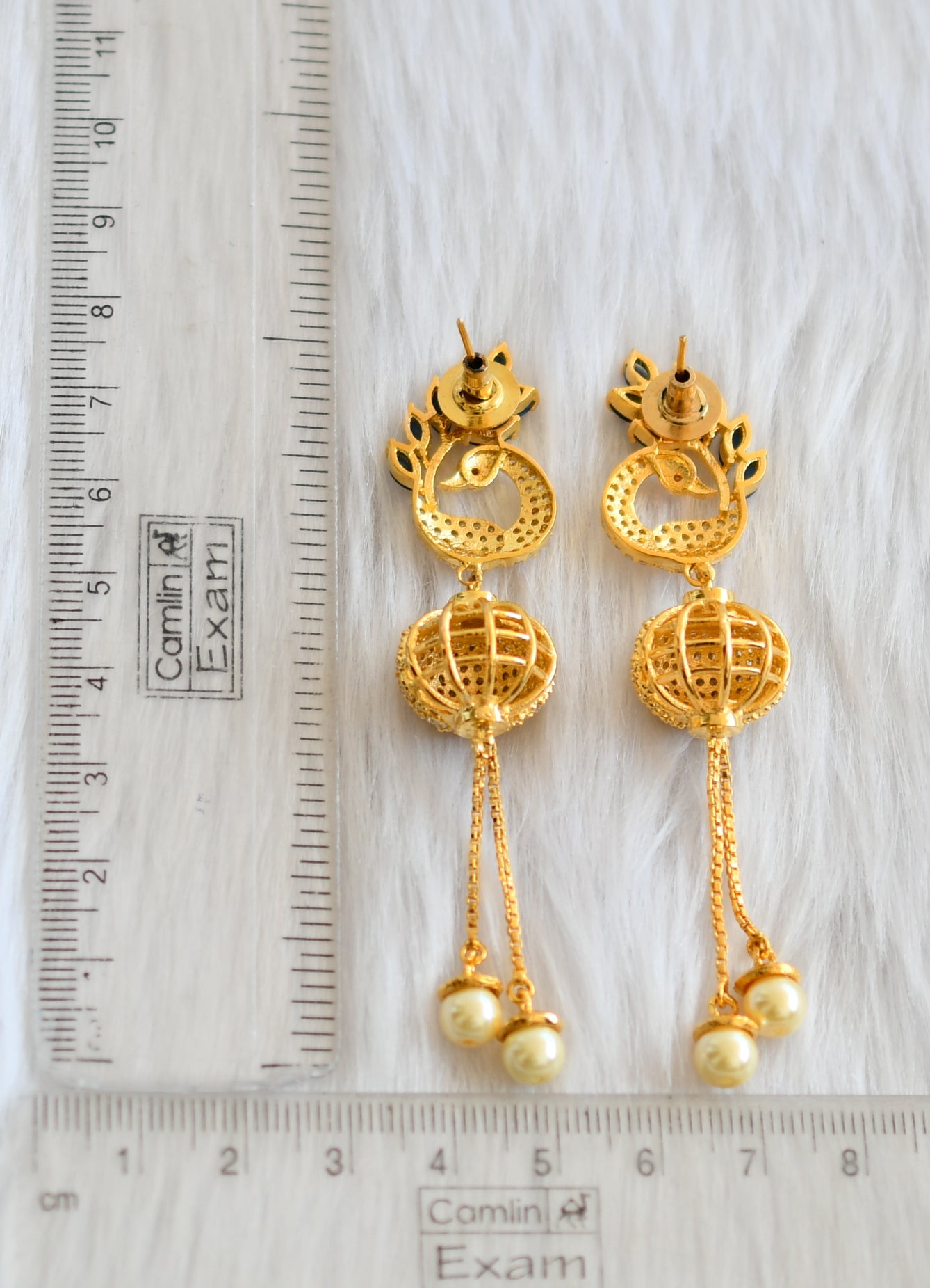 Gold tone cz white-blue peacock ball earrings dj-20734