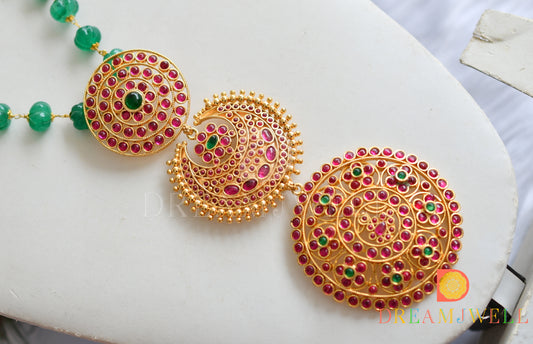 Gold look alike real kemp-green sun-moon pendant with pumpkin bead mala dj-37591