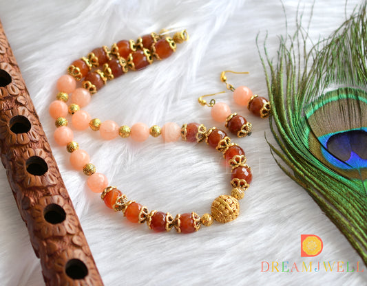 Antique gold tone brown-peach Beaded necklace set-dj-09932