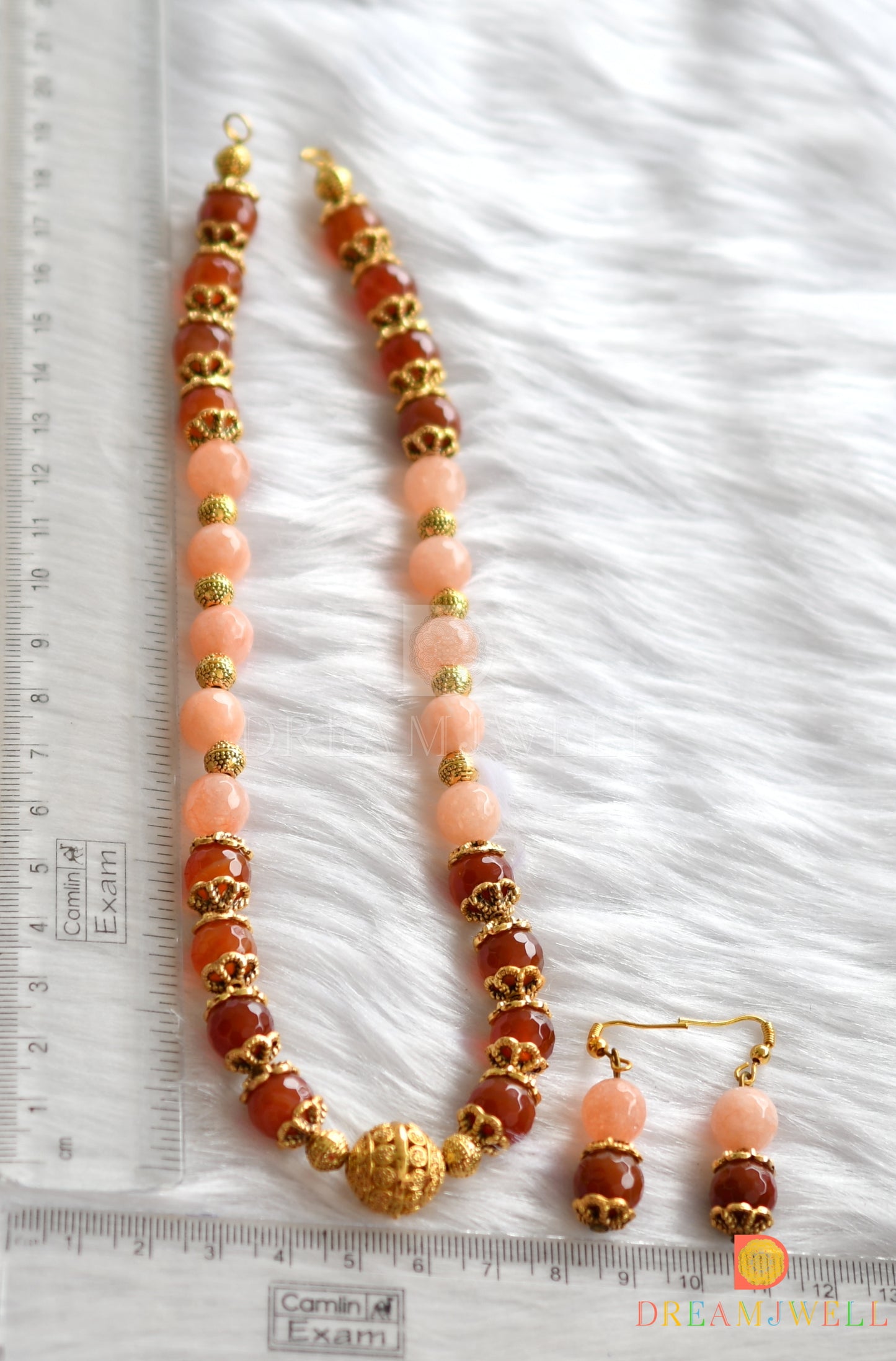 Antique gold tone brown-peach Beaded necklace set-dj-09932