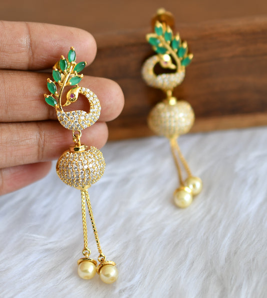 Gold tone cz white-emerald peacock ball earrings dj-20736