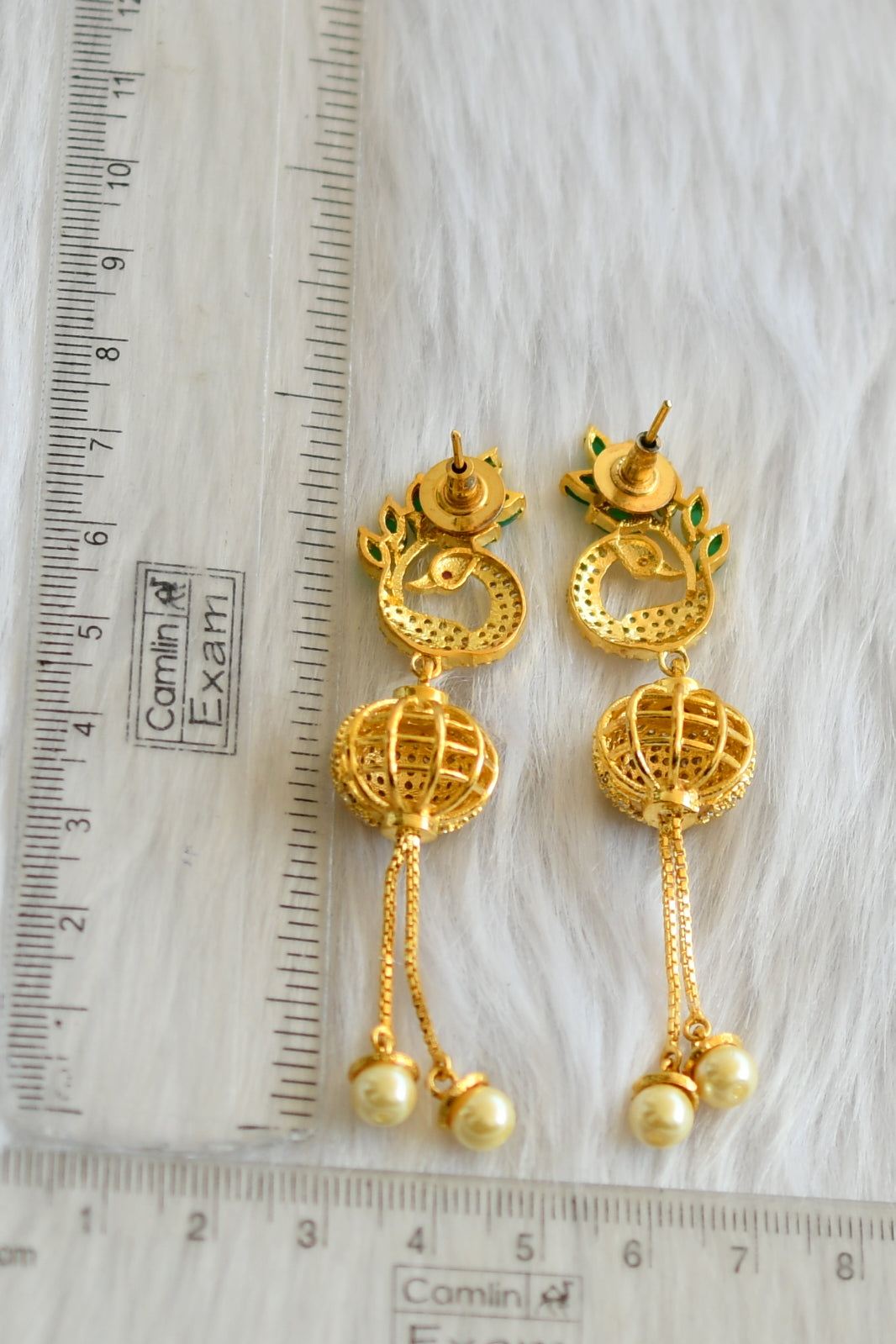 Gold tone cz white-emerald peacock ball earrings dj-20736