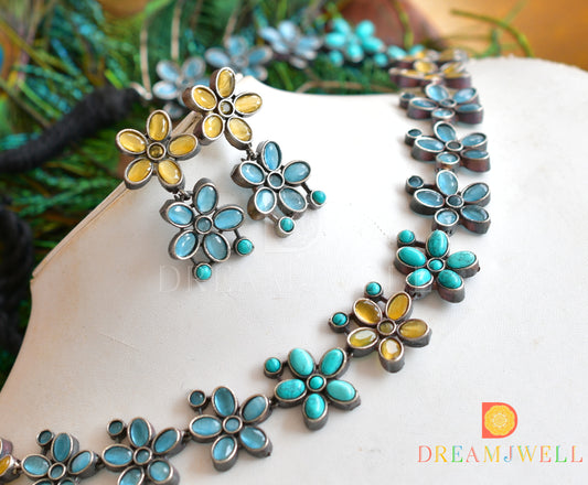 Silver tone Turquoise-yellow flower haar set dj-36075