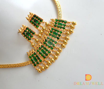 Gold tone green gold beads poothali temple necklace set dj-37572