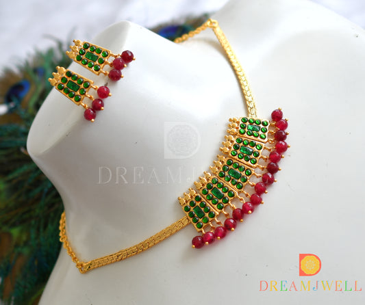 Gold tone green red beads poothali temple necklace set dj-37573