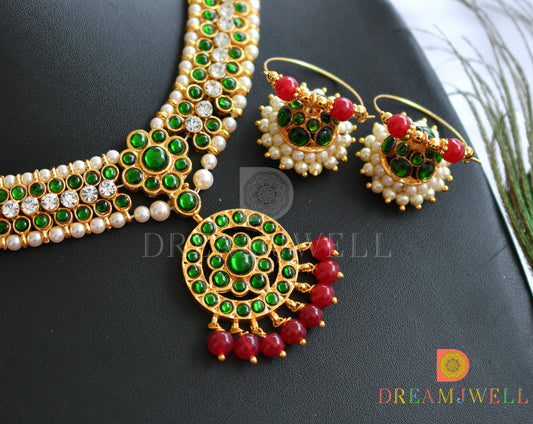 Gold tone white-green stone Red agates necklace set dj-37570