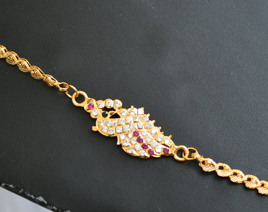 Gold tone ad white-ruby-green stone peacock mugappu chain dj-39197