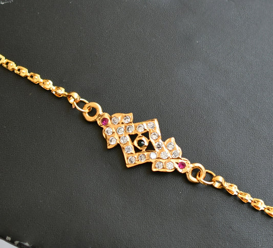 Gold tone ad pink-green-white stone mugappu chain dj-39198