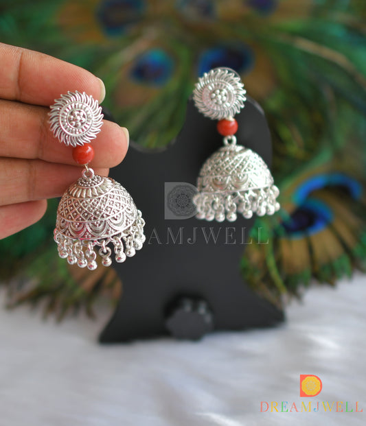 Silver tone coral beads jhumkka dj-37595
