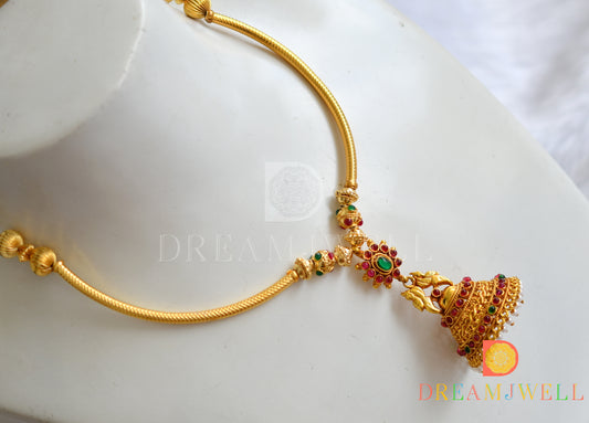 Antique gold tone handmade kemp-green jhumkka pendant Hasli necklace dj-04281