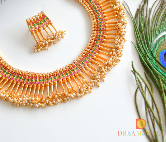 Matte finish ruby-emerald pearl necklace set dj-11123