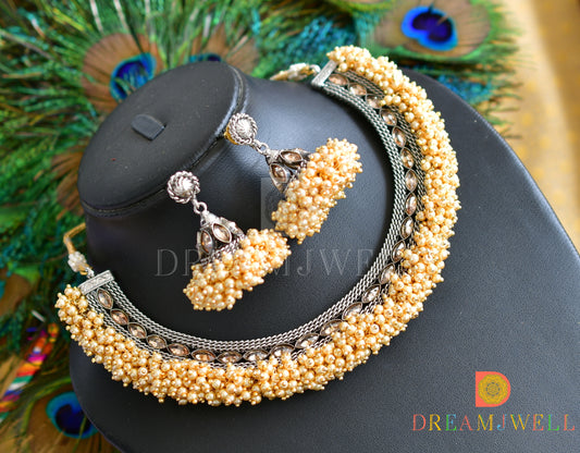 Dual tone pearl cluster choker necklace set dj-01465