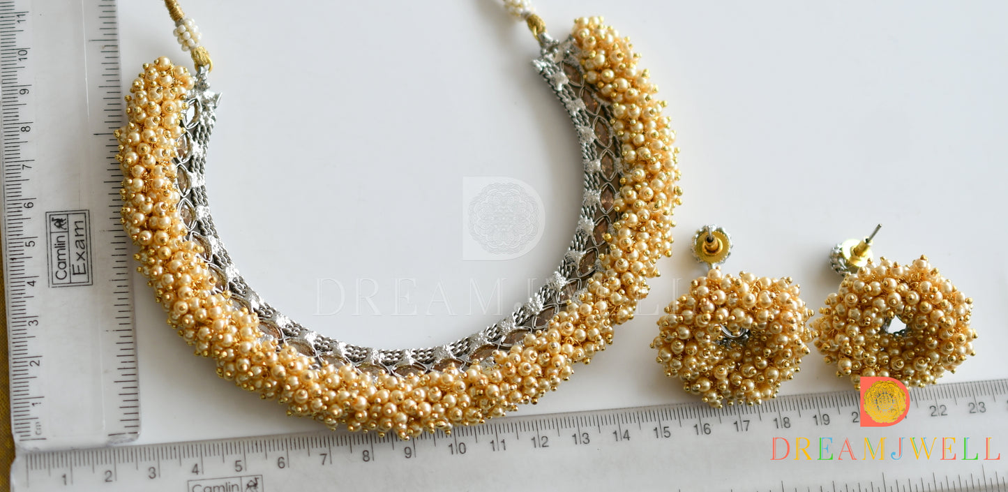 Dual tone pearl cluster choker necklace set dj-01465