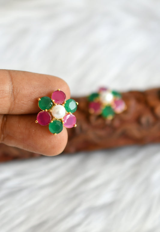 Gold tone coral-ruby-emerald stone flower earrings stud dj-39180