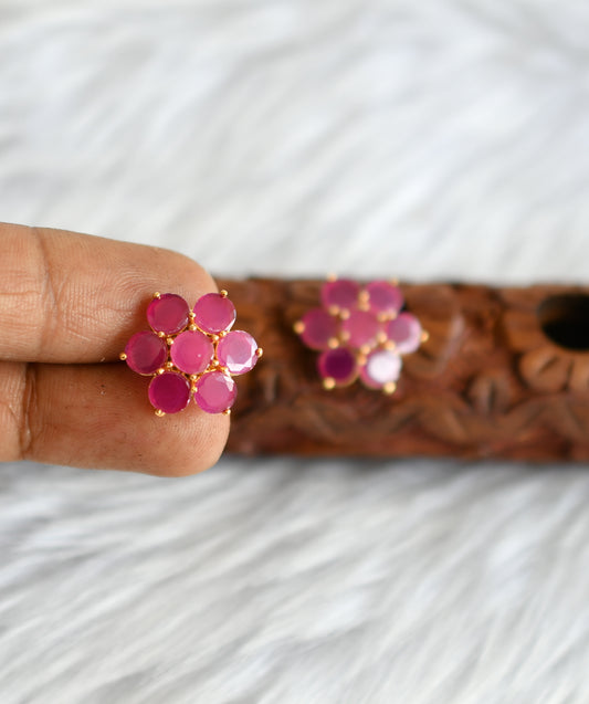 Gold tone ruby stone flower earrings stud dj-39181