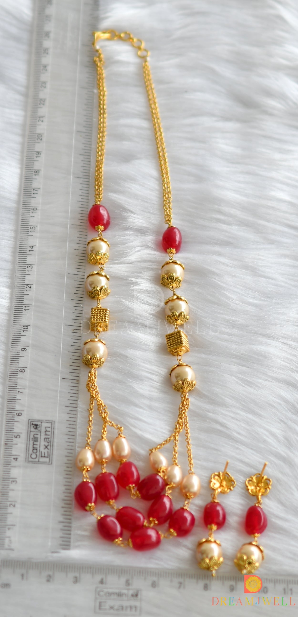 Antique gold tone ruby-pearl necklace set dj-21920