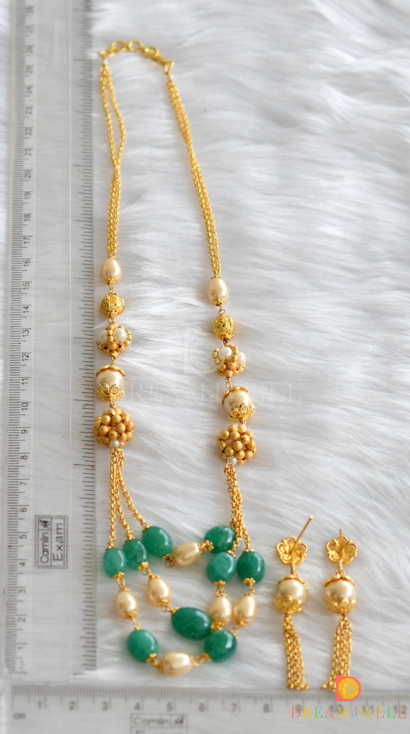 Antique Gold tone green-pearl beaded necklace set dj-22136