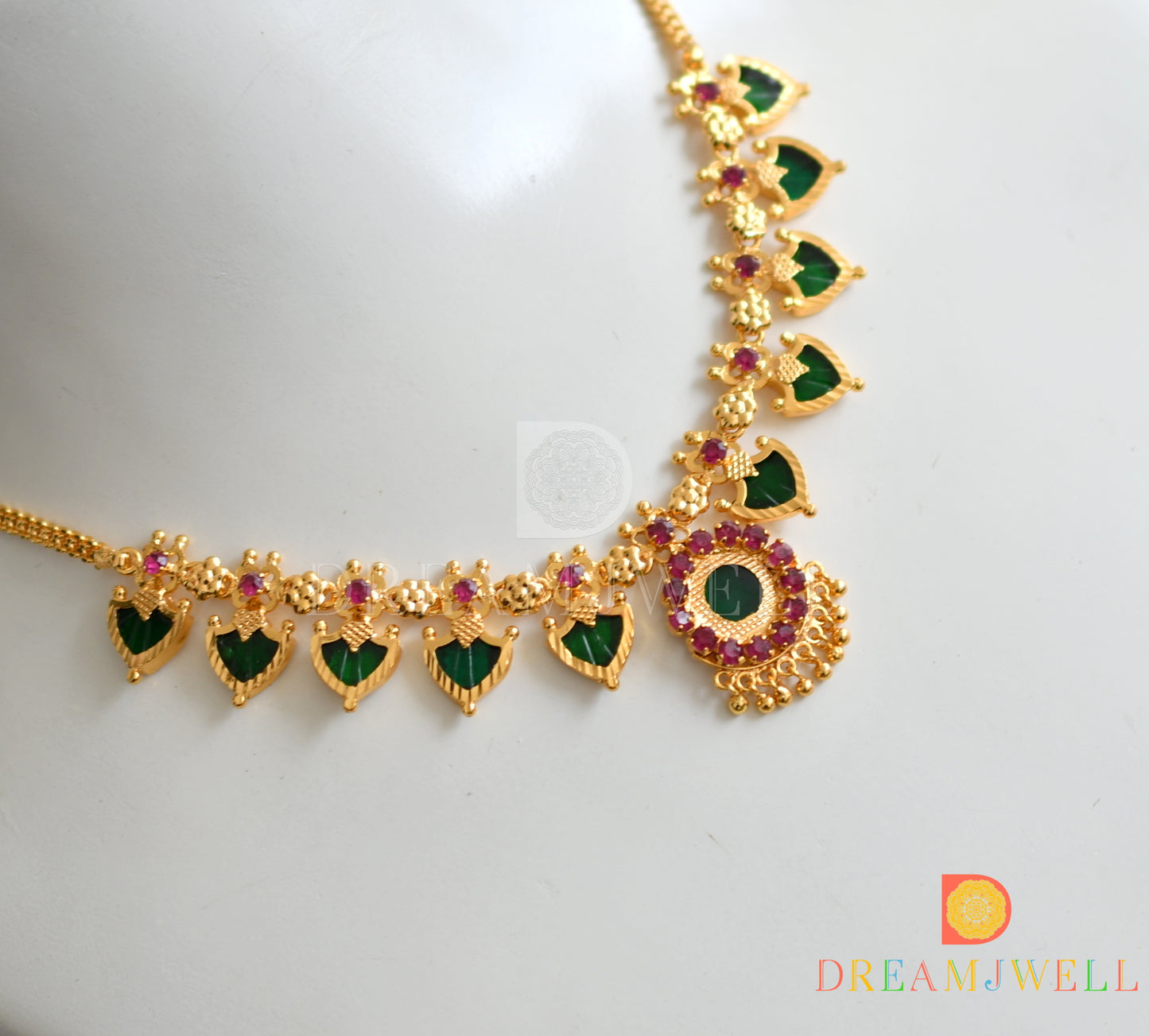 Gold tone pink-green palakka Kerala style necklace dj-18932