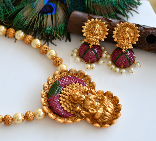 Matte finish ruby-green pearl lakshmi necklace set dj-08213