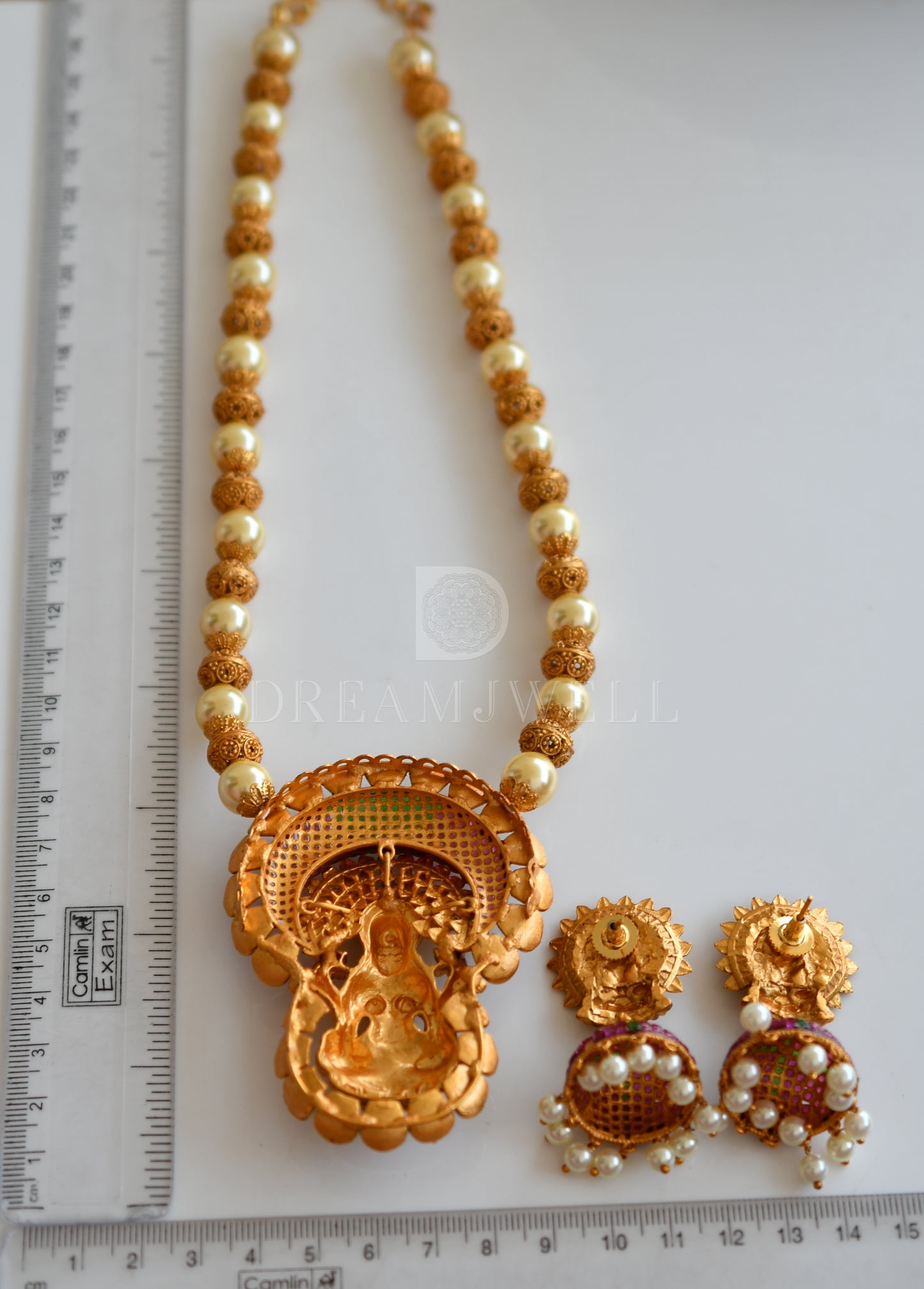 Matte finish ruby-green pearl lakshmi necklace set dj-08213