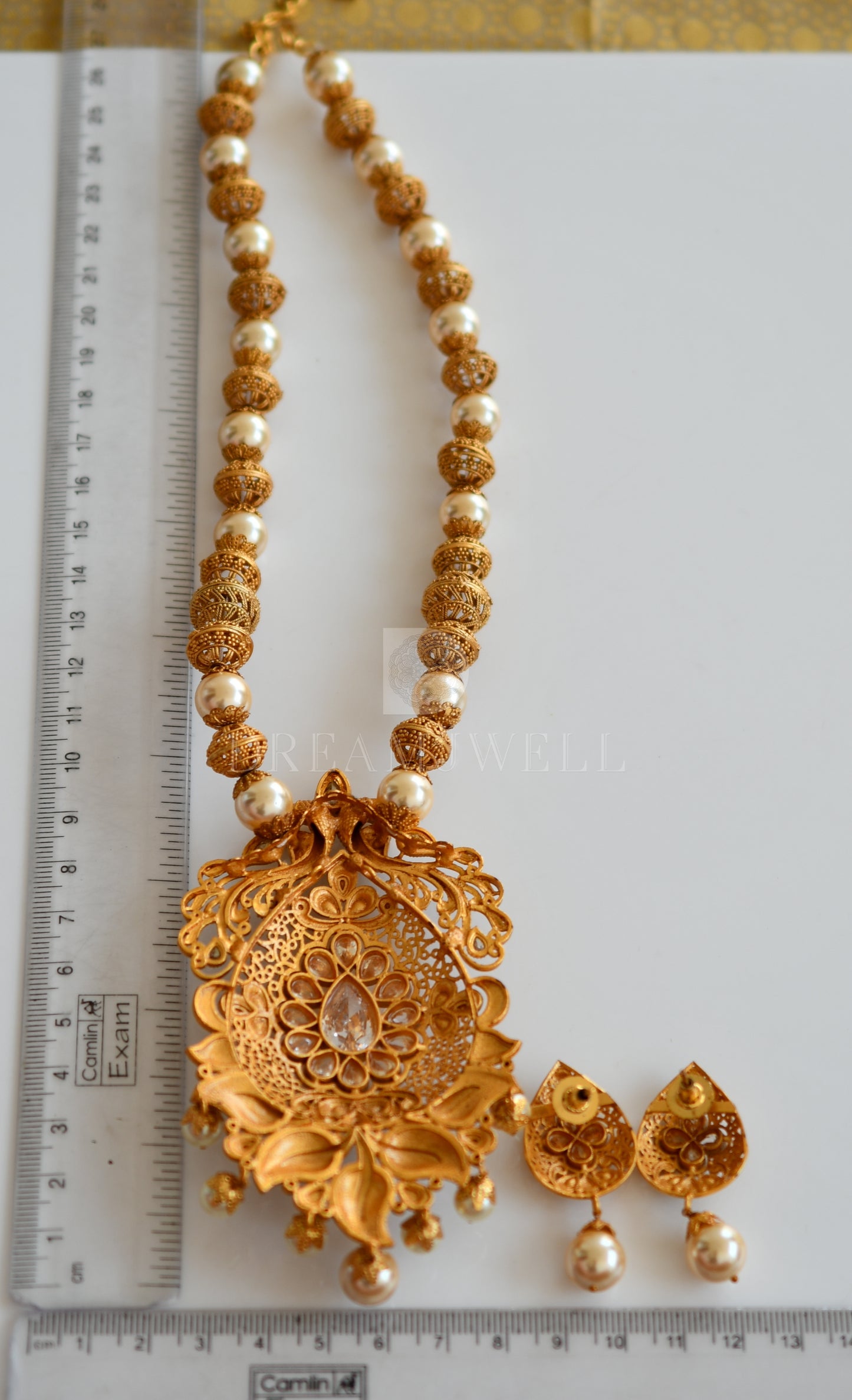 Matte finish cz pearl peacock designer necklace set dj-06215