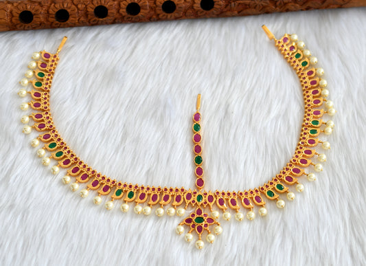 Gold tone ruby-emerald pearl mango tikka dj-19842