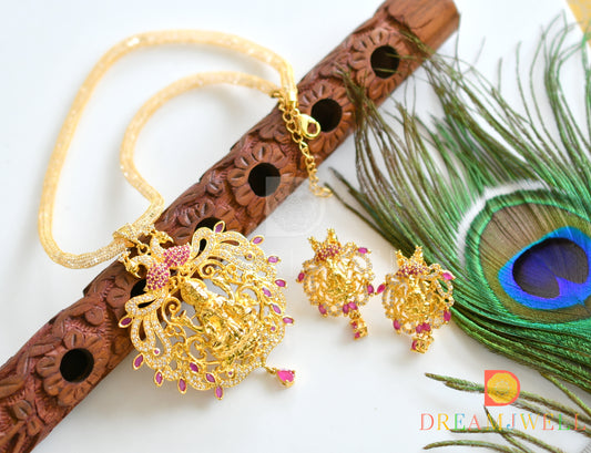 Gold Tone cz ruby lakshmi-peacock necklace set dj-06306