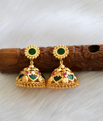 Gold tone pink-green palakka lotus-lakshmi coin Kerala style bridal set dj-39896