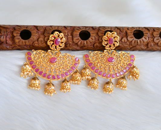 Antique gold tone ruby flower big jhumkka earrings dj-19374