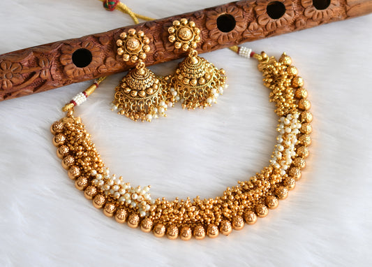 Antique gold tone pearl cluster necklace set dj-34001