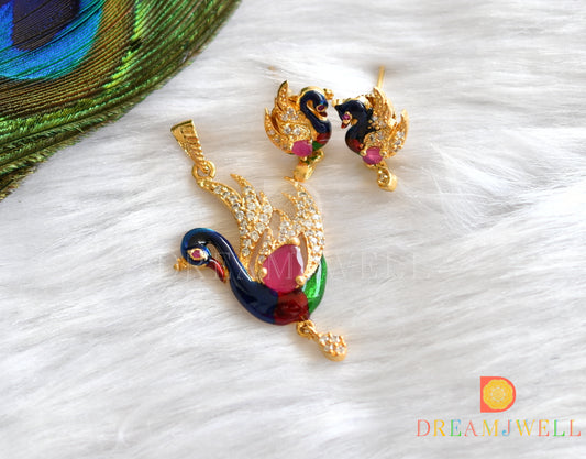 Two tone cz ruby peacock meenakari pendant set dj-06033