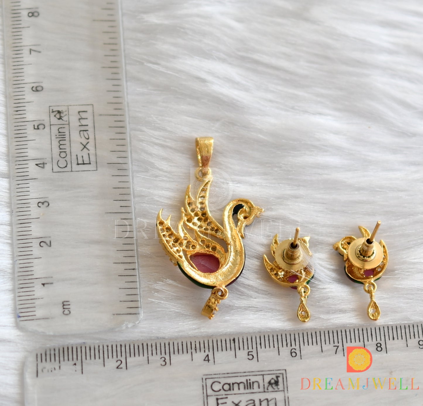 Two tone cz ruby peacock meenakari pendant set dj-06033