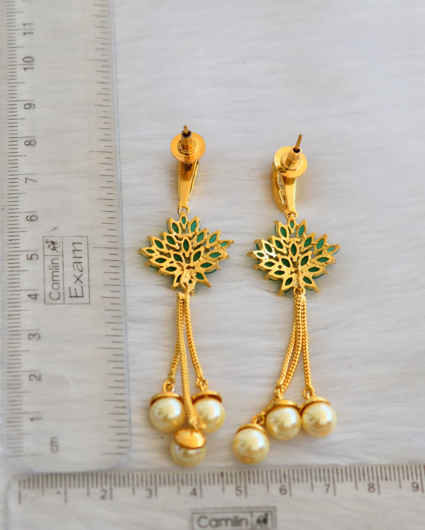Gold tone cz emerald pearl long earrings dj-19314