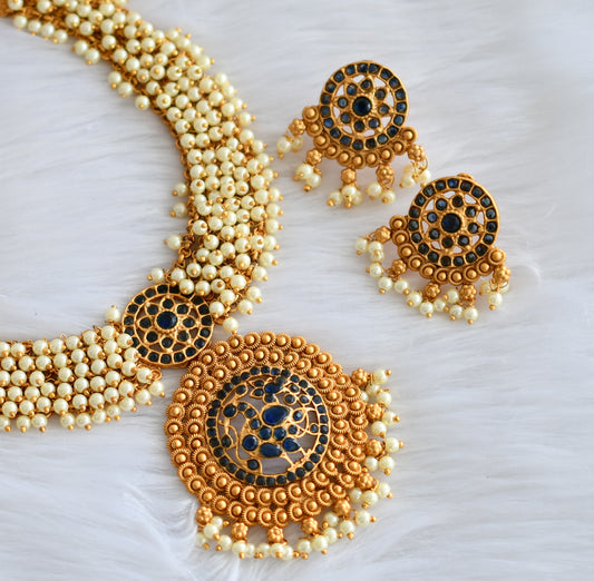 Matte finish pearl blue peacock Kante necklace set dj-19858