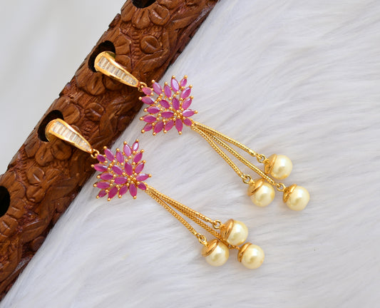 Gold tone cz ruby pearl long earrings dj-19313