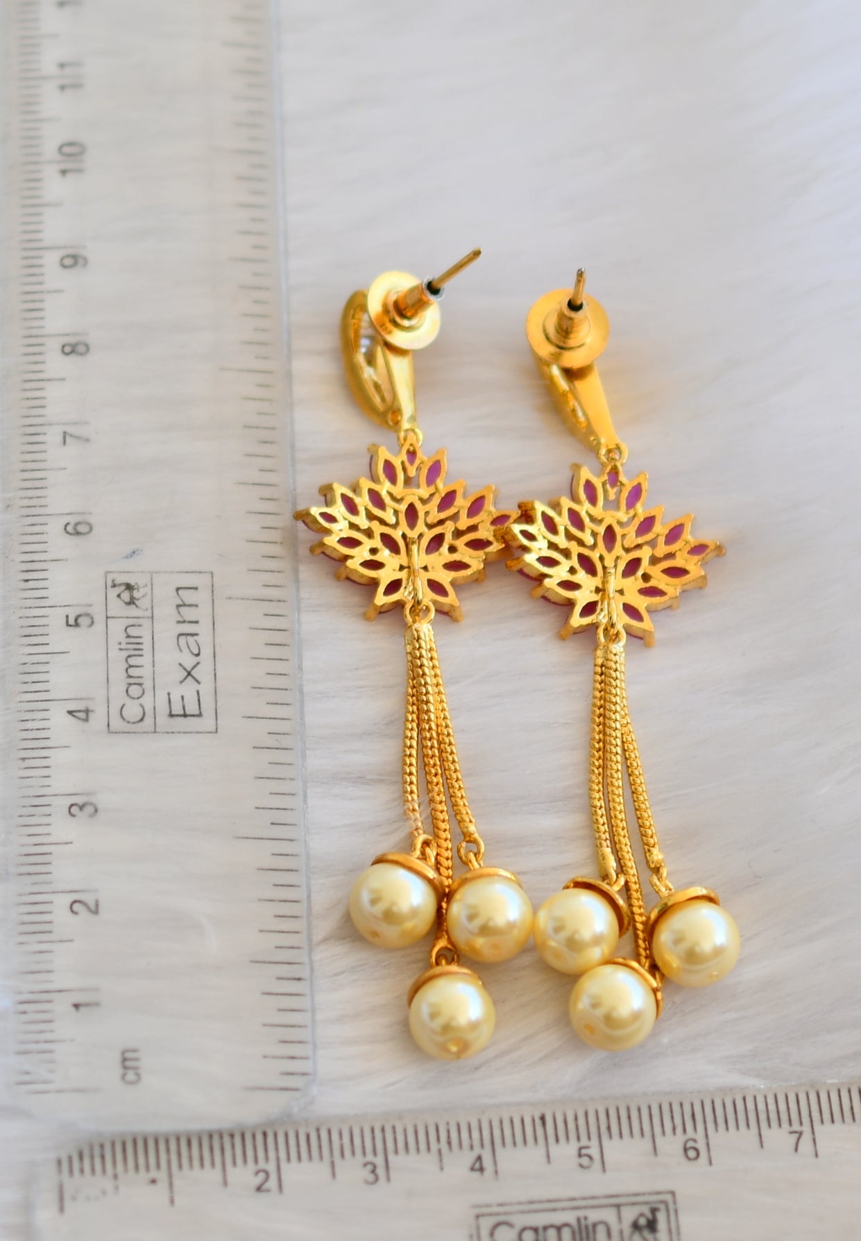 Gold tone cz ruby pearl long earrings dj-19313