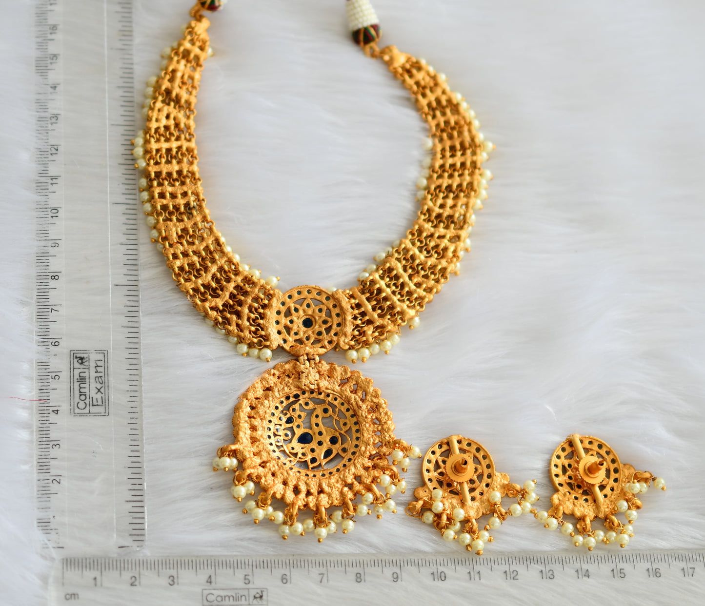 Matte finish pearl blue peacock Kante necklace set dj-19858