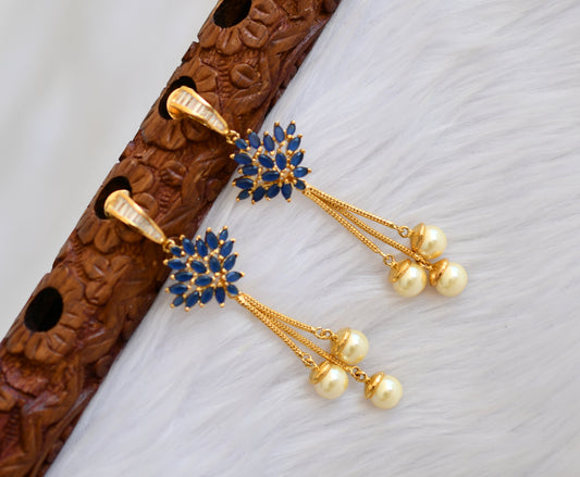 Gold tone cz blue pearl long earrings dj-19310