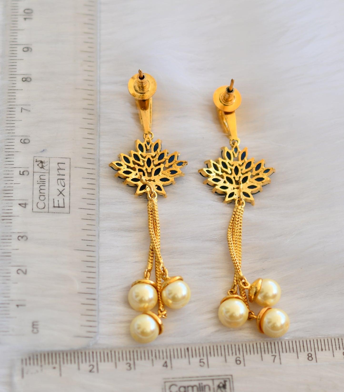 Gold tone cz blue pearl long earrings dj-19310