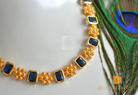 Gold tone block blue stone flower sufi necklace dj-37609