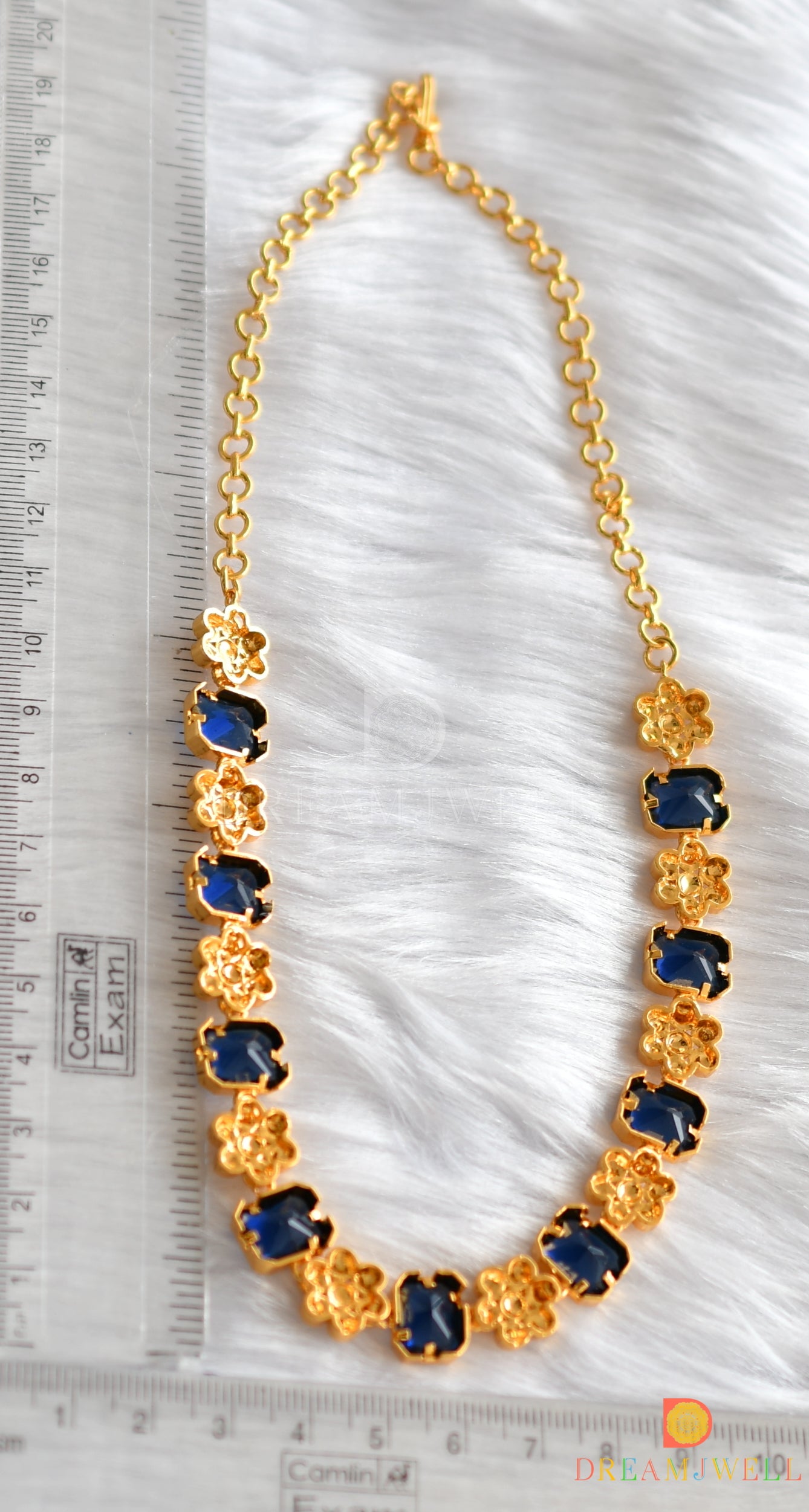 Gold tone block blue stone flower sufi necklace dj-37609