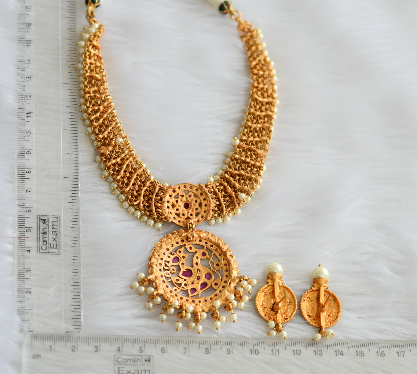 Matte finish pearl ruby peacock Kante necklace set dj-19859