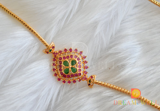Gold tone ruby-emerald mugappu chain dj-38410