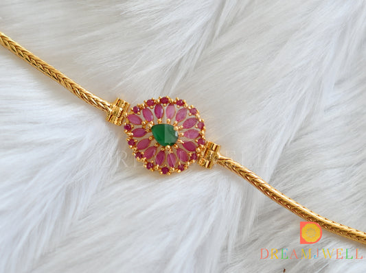 Gold tone ruby-emerald mugappu chain dj-38413