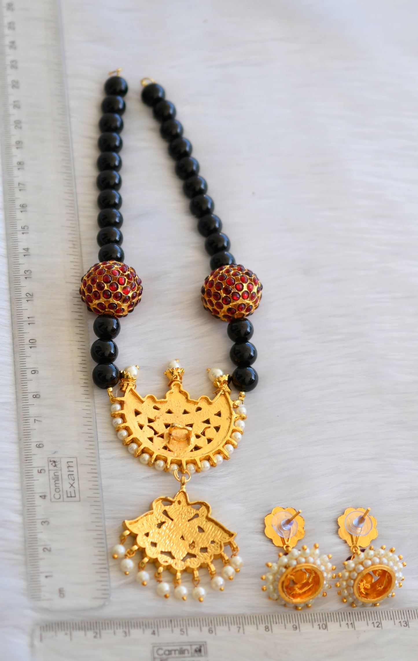 Gold tone kemp-green moon pearl black beaded necklace set dj-19354