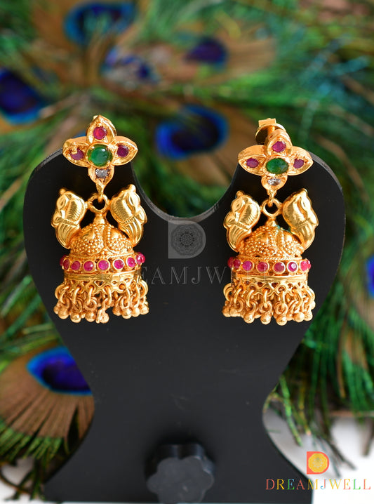 Matte Finish Ruby-emerald Jhumkka With Screw Back dj-10158