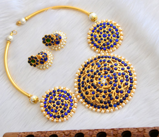 Gold tone blue-green round pendant kemp necklace set dj-19358