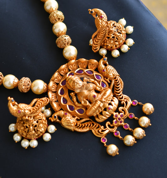 Matte finish pearl ruby lakshmi designer necklace set dj-08217