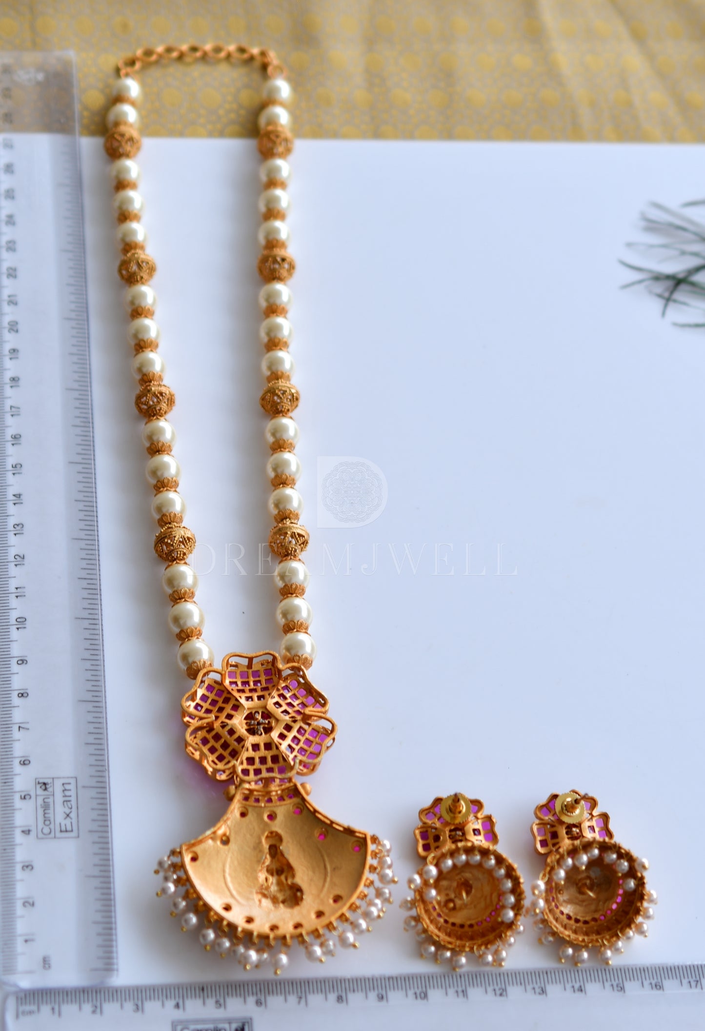 Matte finish ruby-lakshmi pearl beaded necklace set dj-07284