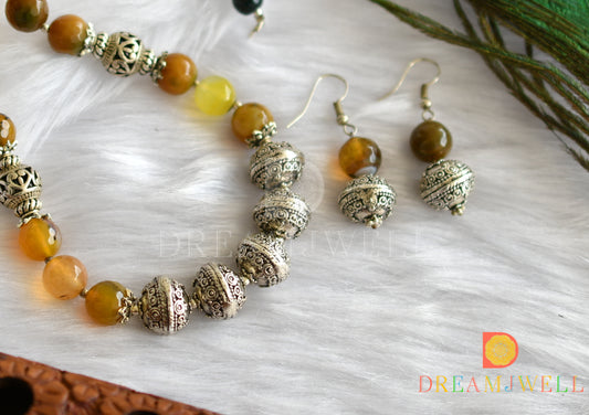 Silver tone brown beaded necklace set dj-11812